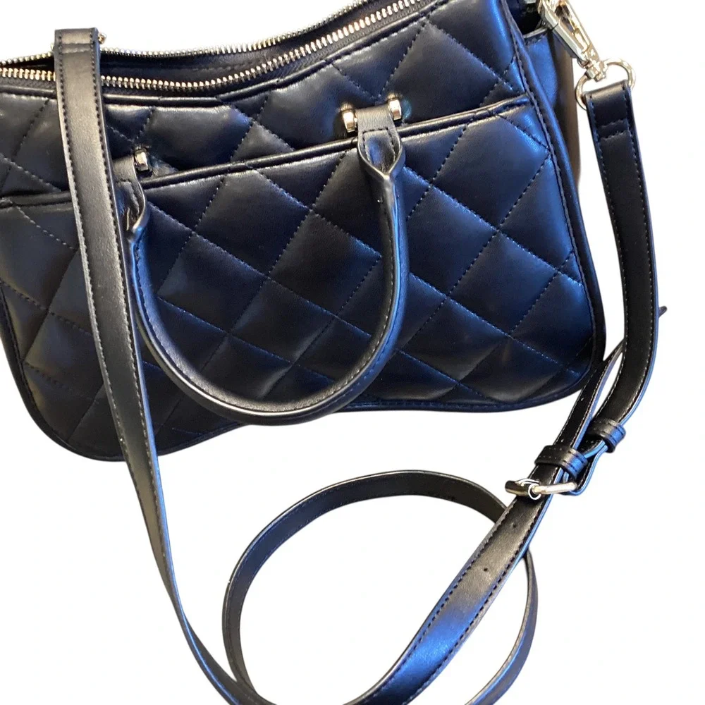 Steve Madden Sparrow Black Quilted Satchel Crossbody‎ Bag Gold Charm Chain New